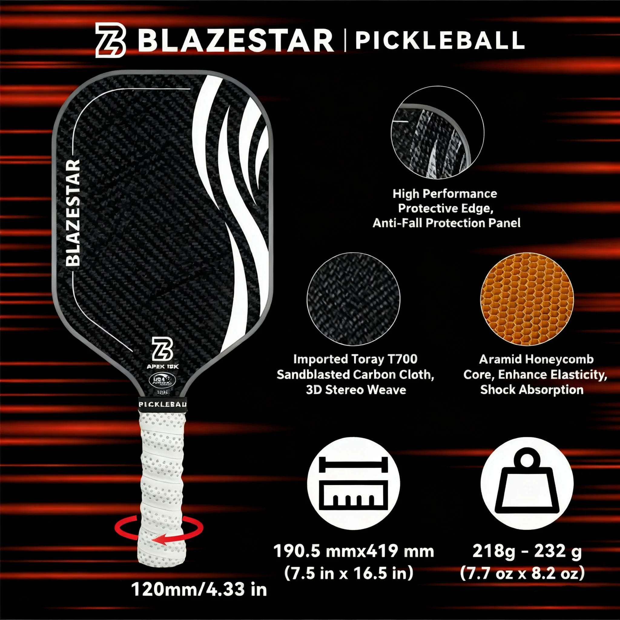 BLAZESTAR Professional Pickleball Paddle Peak Series 16mm 18K Carbon Fiber T700 - Image 2