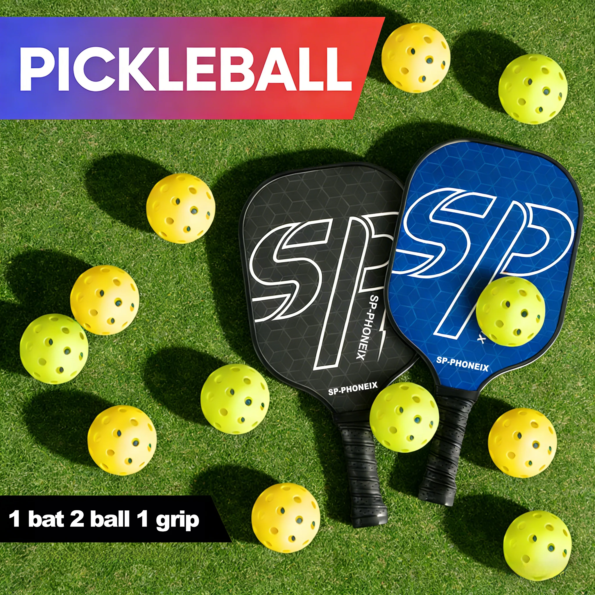 SPP Pickleball Paddles Set, 1 Paddle with 2 Pickle Balls, 1 Grip, Durable &amp; Lightweight Racket for Beginners